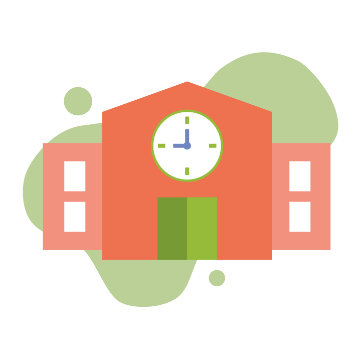 Illustrated school building icon with a central clock above the entrance, green double doors, and side wings with windows.