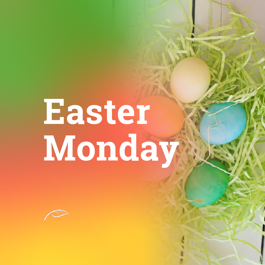Easter Monday graphic featuring large white “Easter Monday” text beside a nest of colorful dyed eggs in pastel blue, green, pink, orange, and yellow.