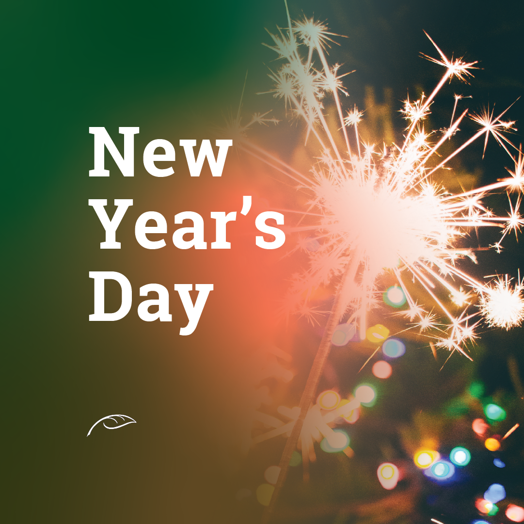 New Year’s Day graphic featuring large white text reading “New Year's Day” on a green and warm orange gradient background. Bright sparklers burst on the right side with colorful holiday lights in the background, creating a festive celebration theme.