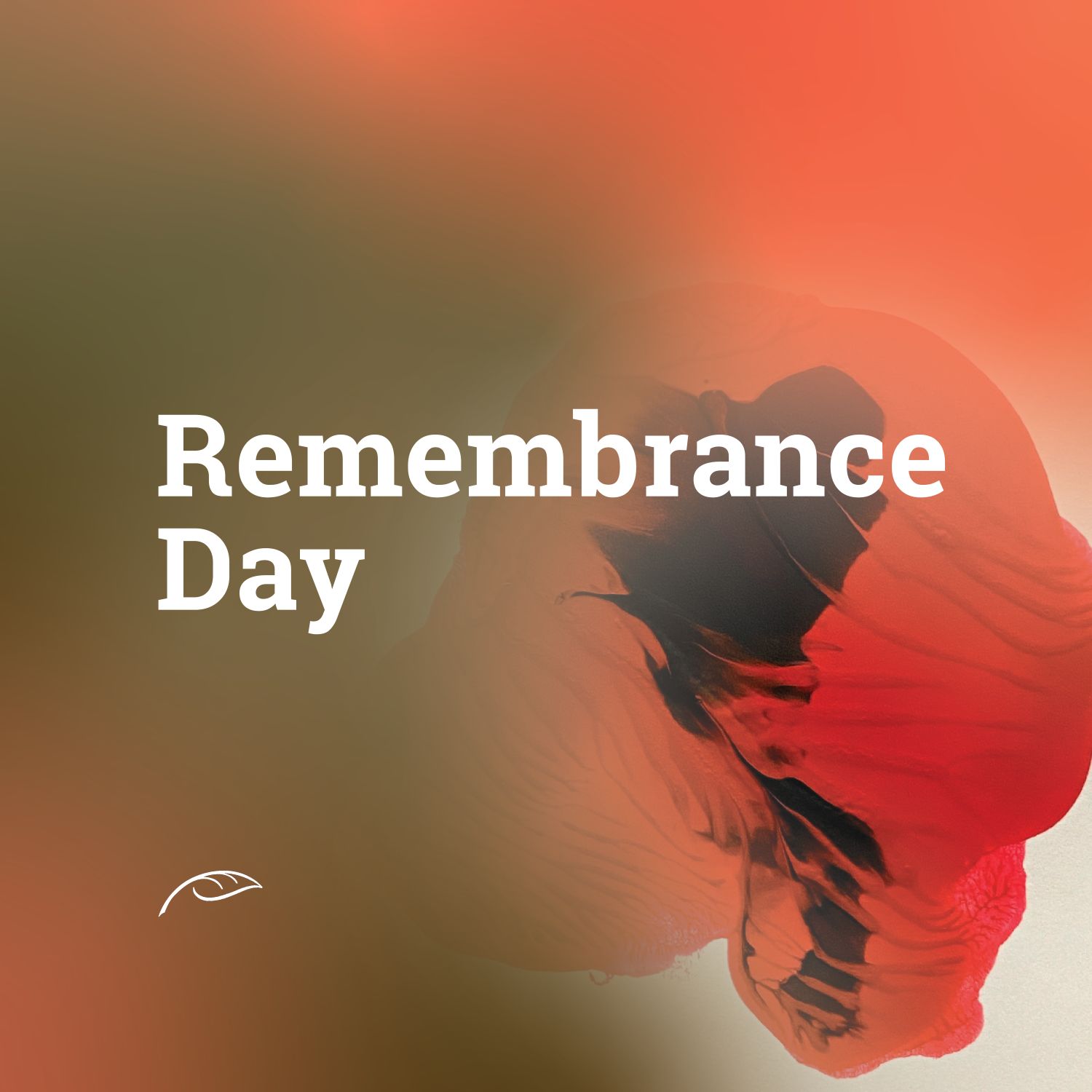Promotional graphic reading “Remembrance Day” in large white text over a close-up image of a red poppy with dark centre details.