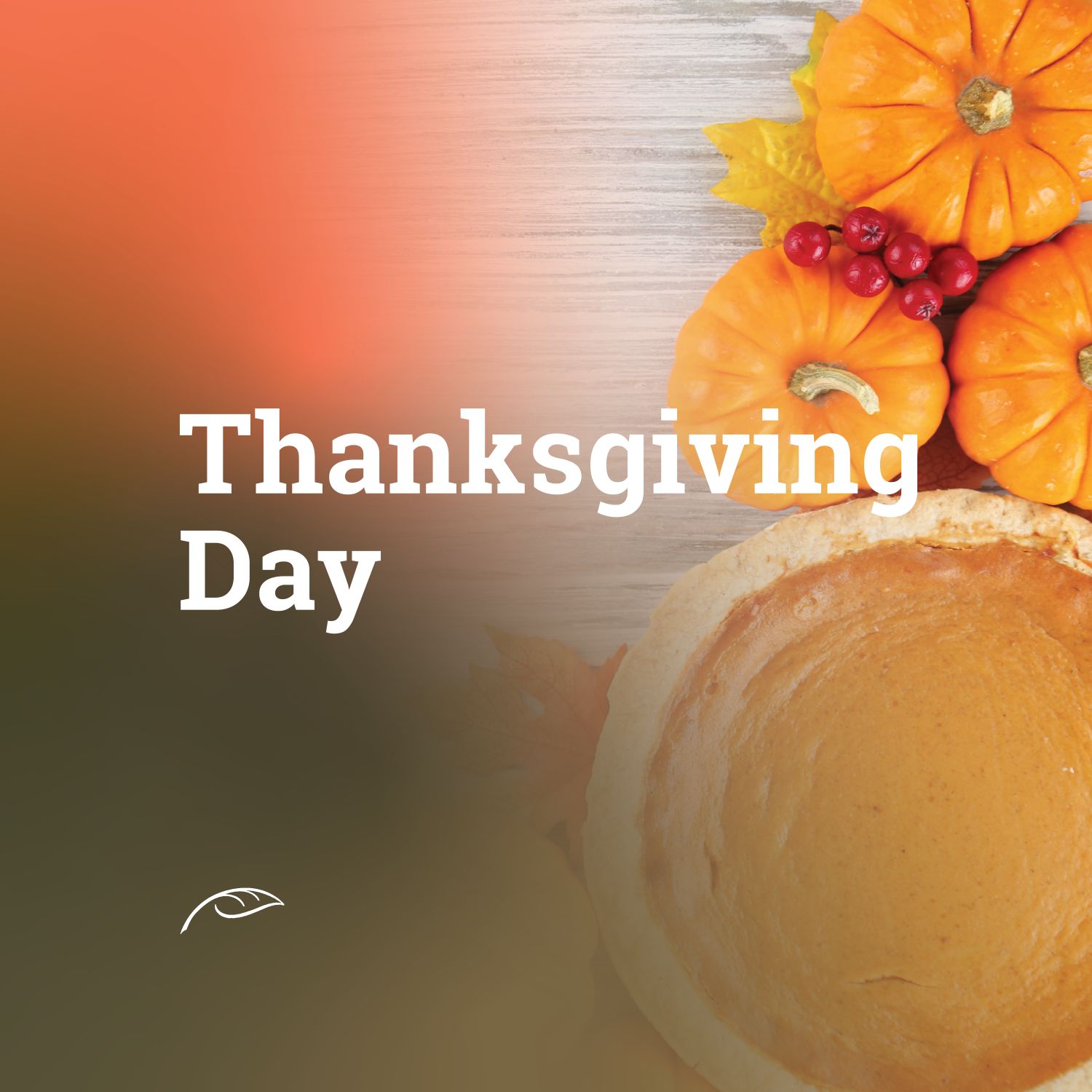 Promotional graphic reading “Thanksgiving Day” in large white text over a seasonal arrangement featuring mini pumpkins, red berries, autumn leaves, and a pumpkin pie.